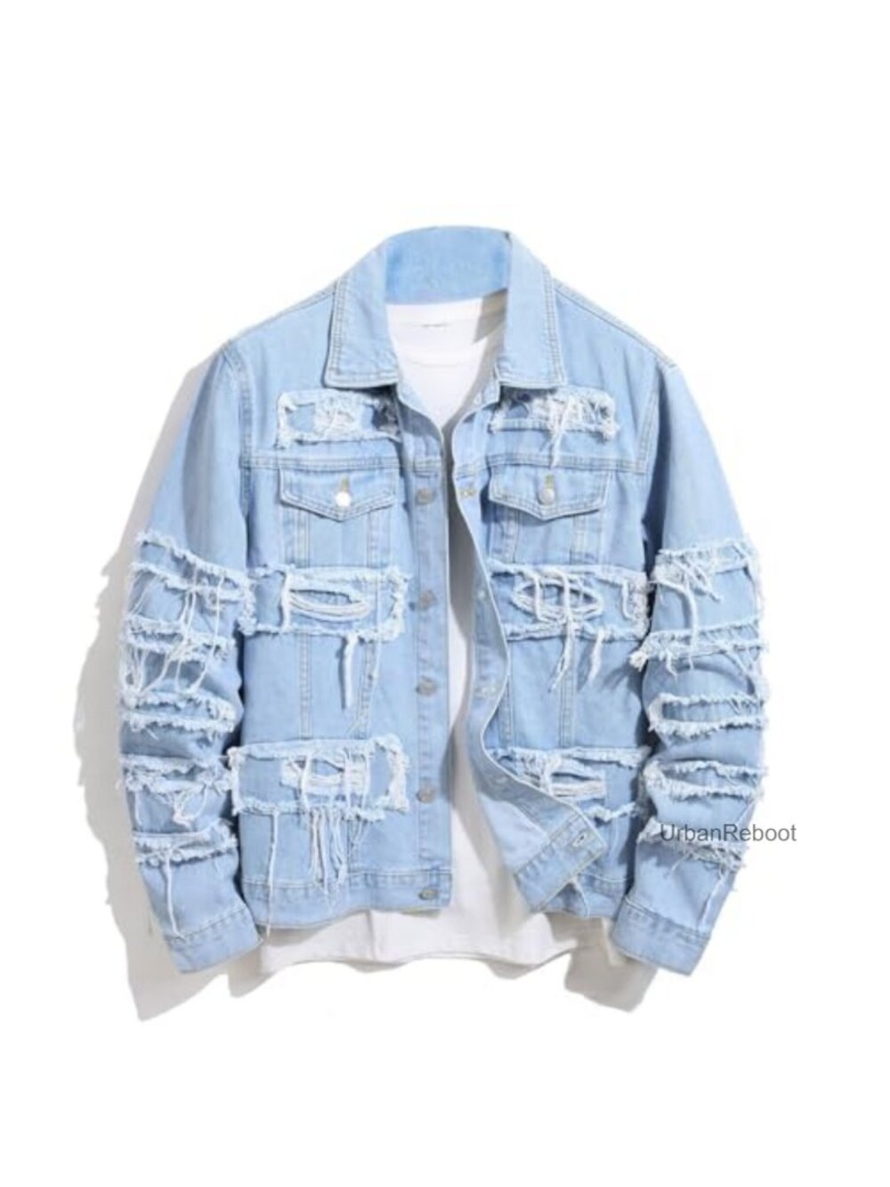 Men's Denim Jacket Patchwork Fringe Slim Jean Jacket Streetwear Coat